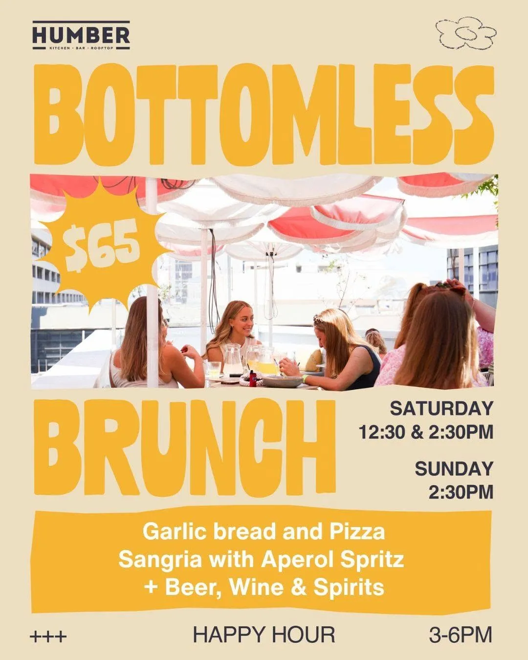 Bottomless Brunch poster — $65, Saturday 12.30 & 2.30pm, Sunday 2.30pm, on the Humber rooftop